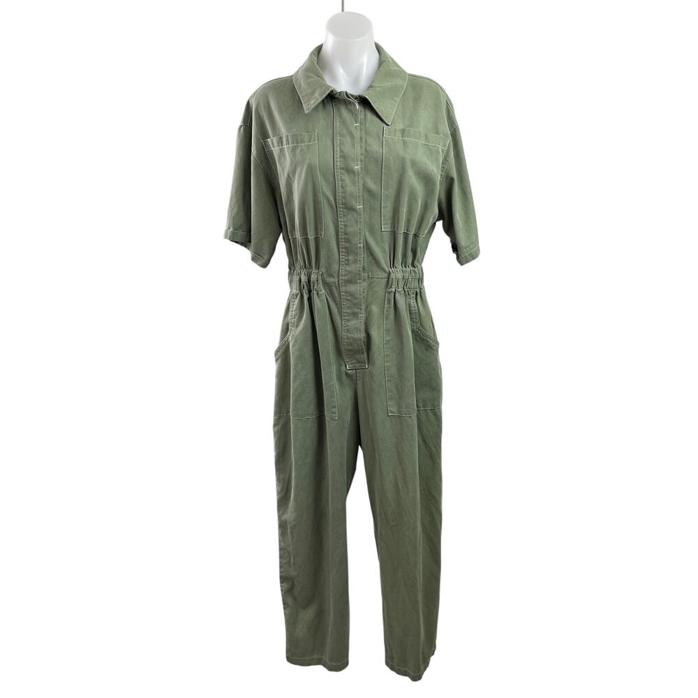 Oh Seven Days Bobby Green Short Sleeve Button Elastic Waist Utility Jumpsuit M